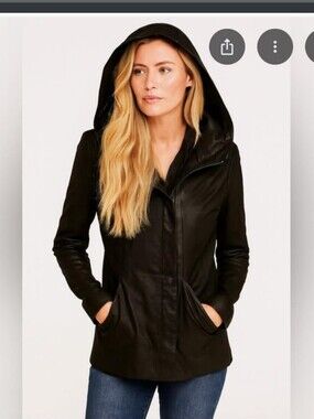 Danier Black Hooded Leather Jacket with Asymmetrical Zip